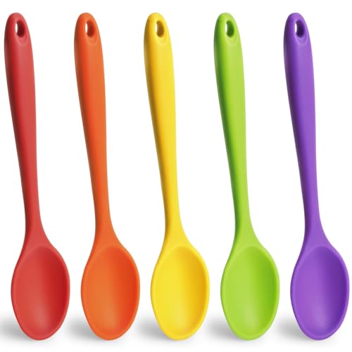 HANSGO 5PCS Small Silicone Spoons, 8Inch Heat Resistant Spoons Nonstick Kitchen Spoons Silicone Tea Spoon for Kitchen Cooking Baking Stirring