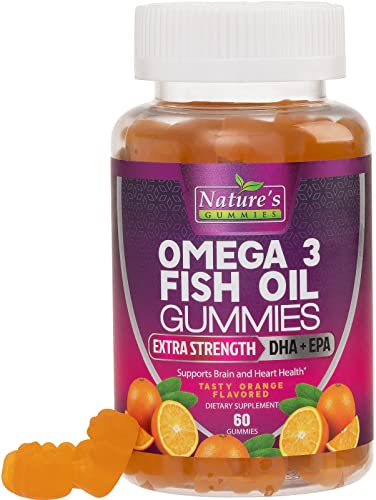 Omega 3 Fish Oil Gummies, Extra Strength Omega Fish Oil Supplement, High Absorption for Joint, Heart & Brain Support, Nature