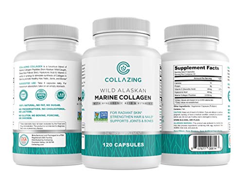 C COLLAZING - Alaskan Wild-Caught Marine Collagen Peptides + Hyaluronic Acid + Vitamin C, for Beautiful Skin, Hair and Nails, 120 Capsules