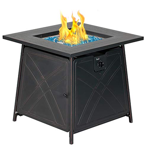 BALI OUTDOORS Gas FirePit Table, 28 inch 50,000 BTU Square Outdoor Propane Fire Pit Table with Lid and Blue Fire Glass