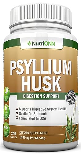 NutriONN PSYLLIUM Husk Capsules - 1450mg Per Serving - 240 Capsules - Double Strength - Premium Psyllium Fiber Supplement - Great for Digestion and Regularity - 100% Natural Soluble Fiber