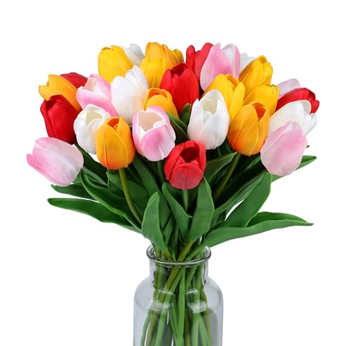 SITUMEIZI 15pcs Fake Tulips Artificial Assorted Colors Flowers Real Touch 14