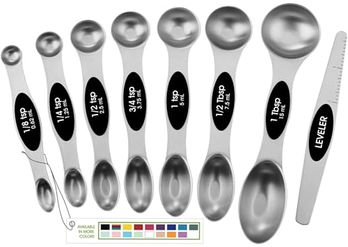 Spring Chef Magnetic Measuring Spoons Set with Strong N45 Magnets, Heavy Duty Stainless Steel Metal, Fits in Most Kitchen Spice Jars for Baking & Cooking, BPA Free, Black, Set of 8 with Leveler