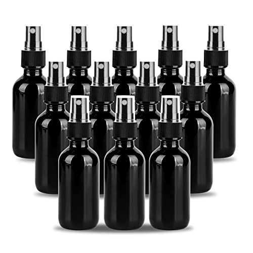 YONKAN 2oz Glass Spray Bottle, Fine Mist Boston Glass Bottles with Black Fine Mist Sprayer Small Clear Bottles for Essential Oils, Bath, Beauty, Hair & Cleaning, UV Black, Pack of 12