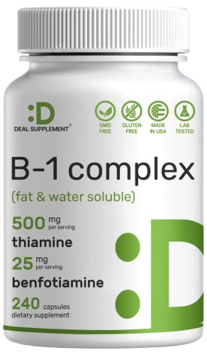 Vitamin B1 500mg with Benfotiamine – 2 in 1 Enhanced Formula – Water Soluble Thiamine B1 Supplement – Third Party Tested, Non-GMO, No Gluten