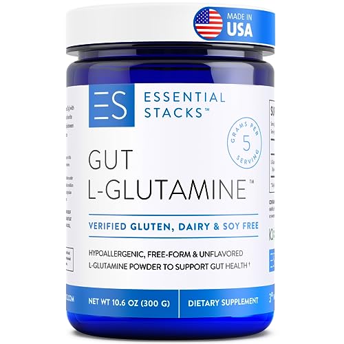 Essential Stacks Gut L-Glutamine Powder - Made in USA - Pure L Glutamine Powder for Leaky Gut, Bloating & Gut Health - Dairy, Soy & Gluten Free, Non-GMO, Vegan Glutamine Supplement