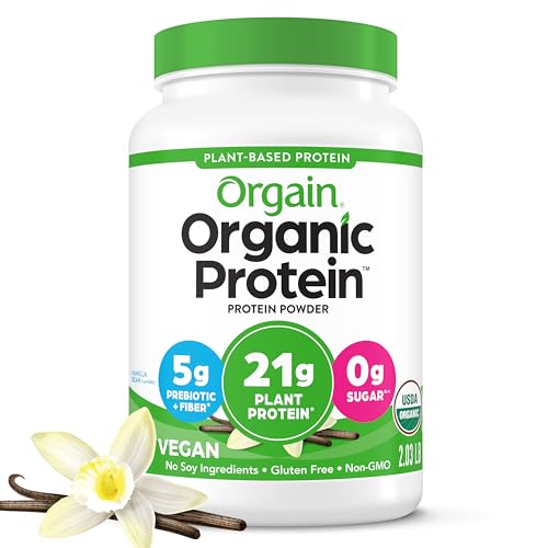 Orgain Organic Vegan Protein Powder, Vanilla Bean - 21g Plant Based Protein, Gluten Free, Dairy Free, Lactose Free, Soy Free, No Sugar Added, Kosher, For Smoothies & Shakes - 2.03lb