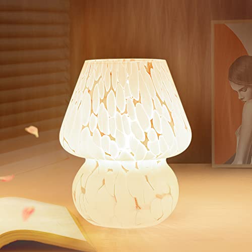 ONEWISH Mushroom Lamp Small Bedside Table Lamp-Nightstand Nightlight Dimmable Stepless, Translucent Glass White Desk Lamp for Bedroom Dorm Living Kitchen, Murano Style Aesthetic Cute Home Decor Gift