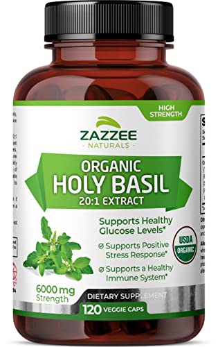 Zazzee USDA Organic Holy Basil 20:1 Extract, 6000 mg Strength, 2.5% Ursolic Acid, 120 Vegan Capsules, 4 Month Supply, Concentrated and Standardized 20X Tulsi Extract, 100% Certified Organic, Non-GMO