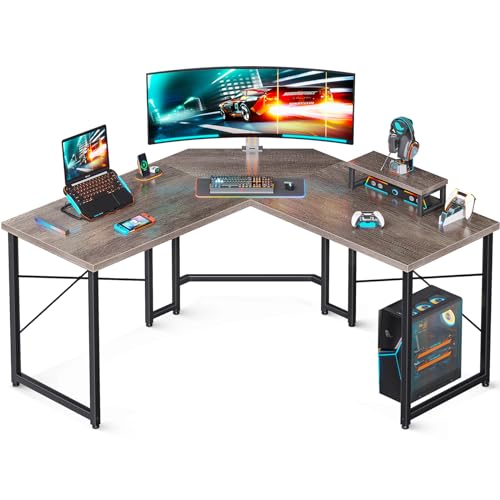 AODK L Shaped Gaming Desk, Computer Corner Desk, PC Gaming Desk Table with Large Monitor Riser Stand for Home Office Sturdy Writing Workstation, Grey Oak