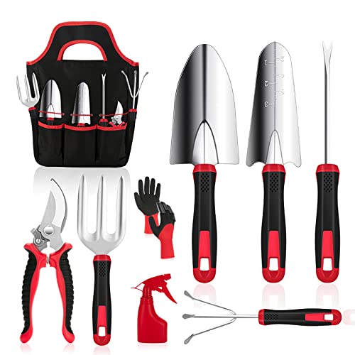 Gardening Tools, MOXILS 9 Pieces Stainless Steel Heavy Duty Tool Set with Non-Slip Rubber Grip, Storage Tote Bag, Outdoor Hand Tools, Ideal Garden Kit Gifts for Parents and Kids.