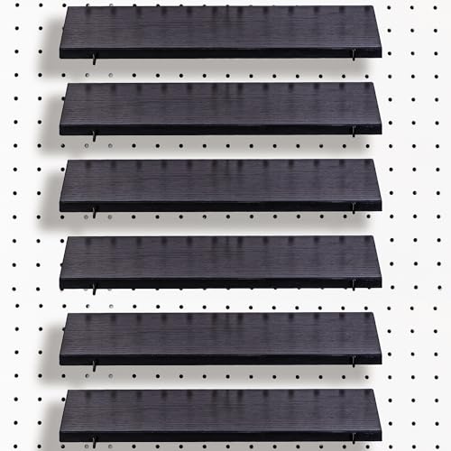 Black Wooden Pegboard Shelf - 6 Set of Pegboard Shelves with Metal Pegboard Shelving Brackets Hooks - Peg Board Organizer Accessories for Crafts Room, Home, Office, Storage, Garage, Workbench