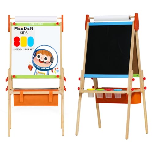 MEEDEN Easel for Kids, Double-Sided All-in-one Wooden Art Easel, Kids Art Easel Set with Paper Rolls, Magnetic Easel with Whiteboard & Chalkboard, Finger Paints, Accessories Easel for Toddlers