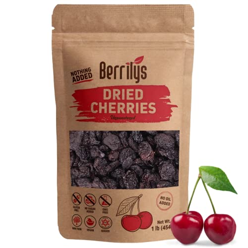 Berrilys Dried Dark Sweet Cherries, No Added Sugar, 1 LB, Pitted, Unsulfured, Sweet Cherry, Unsweetened, No Preservatives, No Oil, Non-GMO, Kosher