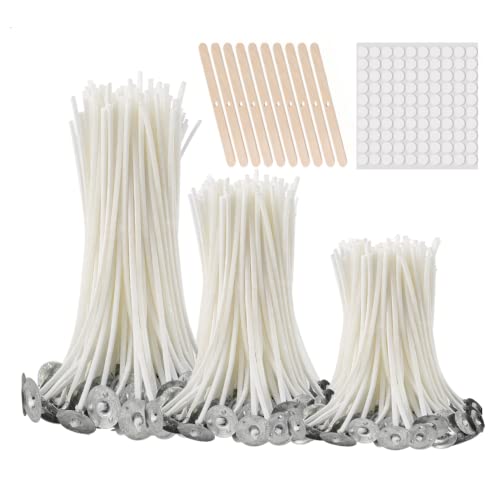 buluker300Pcs Functional Smokeless Candle Wicks,100pcs Wicks Sticker, Pre Waxed Cotton Wick with Metal Sustainer Tabs for Pillar Candle Making and Candle DIY, 9cm/3.5in,15cm/6in,20cm/8in