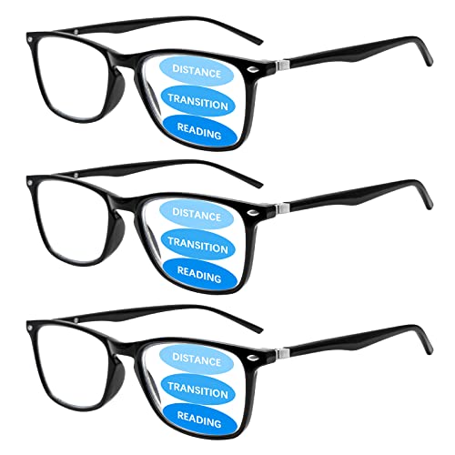 Sumkyle 3 Pack Progressive Multifocus Reading Glasses for Men Women Blue Light Blocking Spring Hinges Computer Readers (3 Black,2.00)