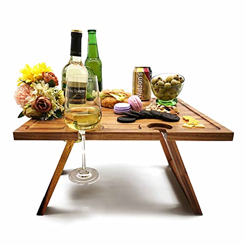 SASIDO Portable Wine Picnic Table Foldable, Wine Gifts, Acacia Wood, Charcuterie Board Tray, Bed Tray for Eating, Decor for Romantic Dinners, Beach, Camping, Concerts at Park, Glamping