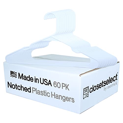 Notched White Plastic Hangers, Made in USA, Everyday Notch Plastic Tubular Hanger, 60 Pack