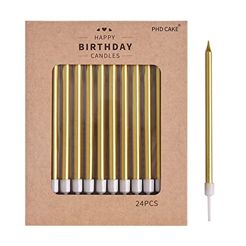 PHD CAKE 24-Count Gold Long Thin Metallic Birthday Candles, Cake Candles, Birthday Parties, Wedding Decorations, Party Candles, Cake Decorations - Unscented