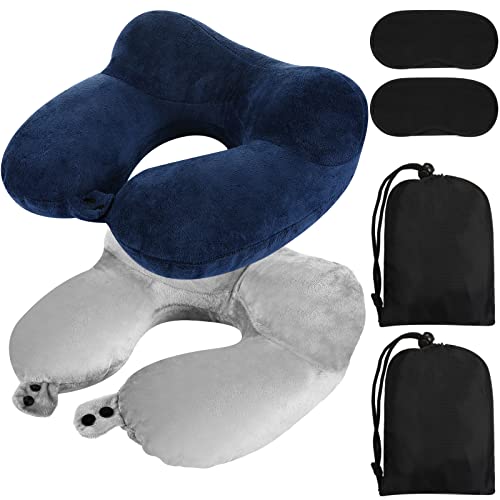 Sintuff 2 Pack Inflatable Travel Pillow for Airplanes Soft Velvet Inflatable Travel Neck Pillows with Compact Bag and Blindfold for Traveling, Airplane, Train, Car, Office (Gray and Blue)