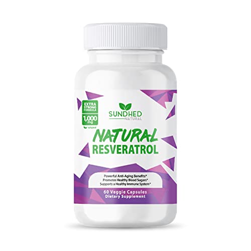 Sundhed Natural Resveratrol - Powerful Antioxidant Supplement Extract for Anti-Aging, Fortifying Immune System, Heart Health and Weight-Loss 1,000mg - 30 Day Supply