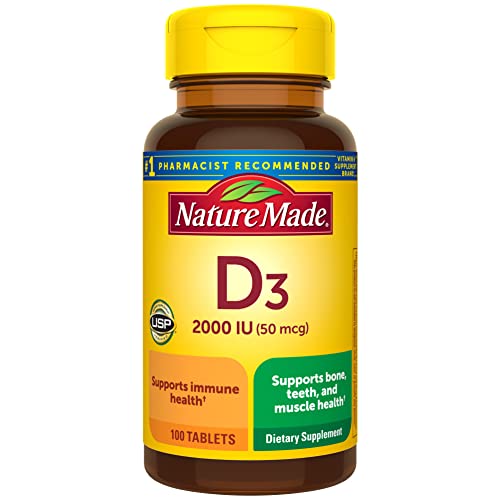 Nature Made Vitamin D3 2000 IU (50 mcg), Dietary Supplement for Bone, Teeth, Muscle and Immune Health Support, 100 Tablets, 100 Day Supply