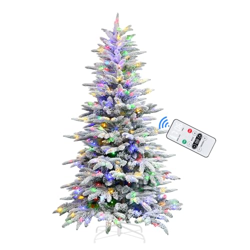 Alupssuc 6ft Prelit Artificial Hinged Snow Flocked Christmas Tree, Warm White&Multi-Color Lights with Remote Control, Multi-layered Branch Tips, Foldable Metal Stand for Pre-lit X-mas Decoration, 6 FT