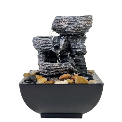 JOYENERGY Tabletop Fountain Rock Waterfall Function with LED Light, Indoor Zen Meditation Desktop Fountain Includes Natural River for Home and Office Decoration