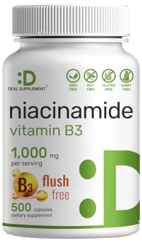 Niacinamide Vitamin B3 1,000mg Per Serving – 500 Capsules, Flush Free Niacin, Essential B3 Vitamin Supplement – Supports Healthy Skin & Energy Production – Non-GMO