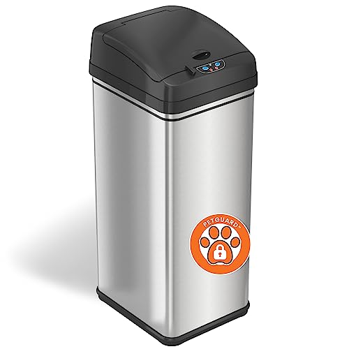 iTouchless 13 Gallon Pet-Proof Sensor Trash Can with AbsorbX Odor Filter Kitchen Garbage Bin Prevents Dogs & Cats Opening Lid, Plus, Stainless Steel with PetGuard