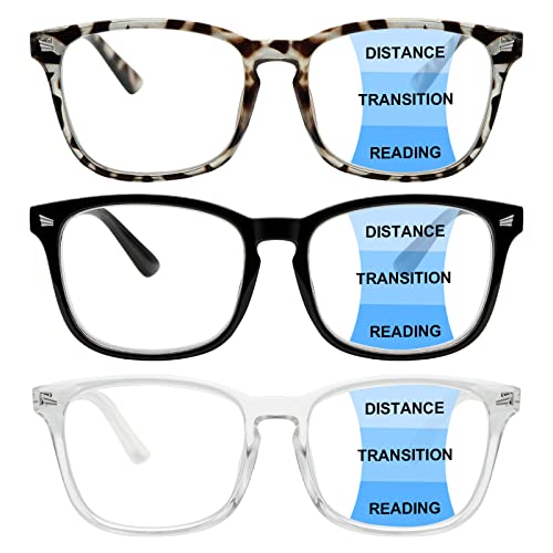 Sumkyle 3 Pack Progressive Multifocus Reading Glasses Blue Light Blocking Men Women Spring Hinges Square Computer Readers (3 Mix Color, 1.75)