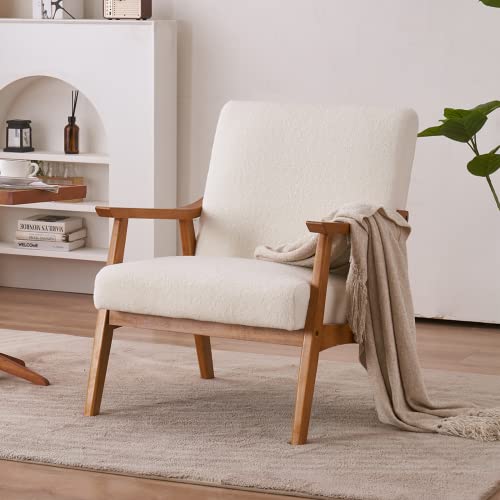 Karl home Mid-Century Accent Chair Modern Retro Leisure Chair with Solid Wood Frame Upholstered Teddy Fleece Fabric Single Sofa Armchair for Living Room, Bedroom, Balcont, Creamy-White