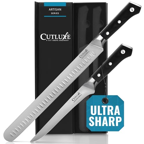 Cutluxe BBQ Knife Set of 2 - Brisket Slicing Knife & Boning Knife for Meat Cutting - Professional Knife with Razor Sharp German Steel - Full Tang - Ergonomic Handles - Artisan Series