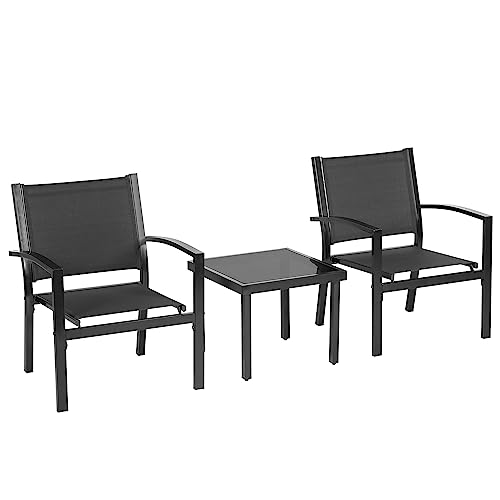 FDW 3 Pieces Patio Furniture Set, Outdoor Garden Patio Conversation Sets with Glass Top Table & 2 Lawn Chairs Outdoor Bistro Set, for Backyard Lawn Porch Garden Poolside Balcony