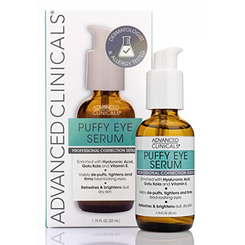 Advanced Clinicals Puffy Under Eye Face Serum Anti Aging, Brightening, & Firming Serum W/Vitamin E, Collagen, Gotu Kola, Caffeine, & Green Tea Helps Hydrate & Calm Puffiness, 1.75 Fl Oz