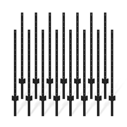 FOREHOGAR Metal Fence Post 4 Feet Black, Pack of 15, T Post for Wire Fence, No Dig Steel U Post Fencing for Lawn Garden Wire Mesh Fence Poles Sign Outdoor Light Duty