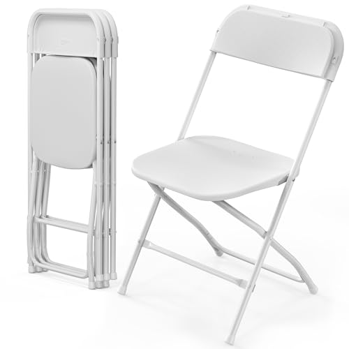 VINGLI 4 Pack White Plastic Folding Chair, Indoor Outdoor Portable Stackable Commercial Seat with Steel Frame 350lb. Capacity for Events Office Wedding Party Picnic Kitchen Dining