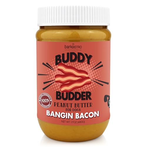 BUDDY BUDDER Bangin Bacon, 100% Natural Dog Peanut Butter, Healthy Peanut Butter Dog Treats, Stuff in Toy, Dog Enrichment, Pill Pocket for Dogs, Made in USA, (17oz Jars)