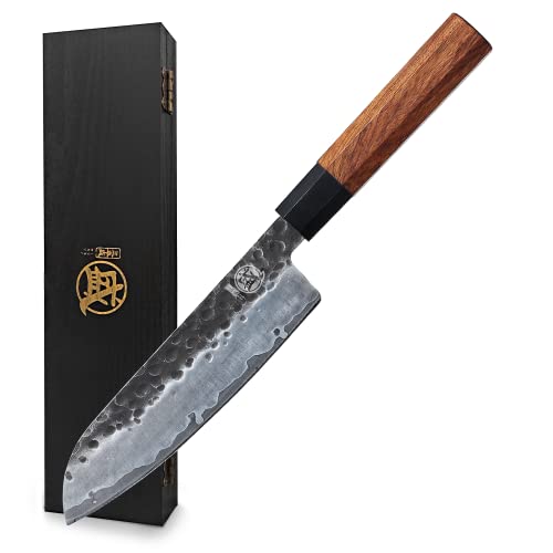 MITSUMOTO SAKARI 7 inch Japanese Santoku Chef Knife, High Carbon Stainless Steel Kitchen Cooking Knife, Professional Hand Forged Chef