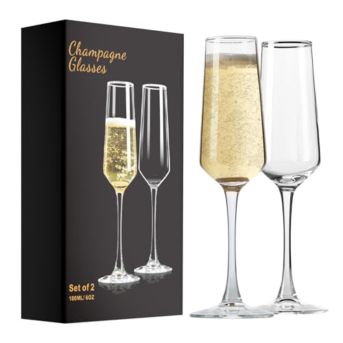 PARACITY Champagne Flutes, Crystal Champagne Glasses Set of 2, Elegant 6oz Glass Champagne Flutes, Gift for Birthday, Wedding, Christmas, Clear Sparkling Champagne Glasses for Women, Men