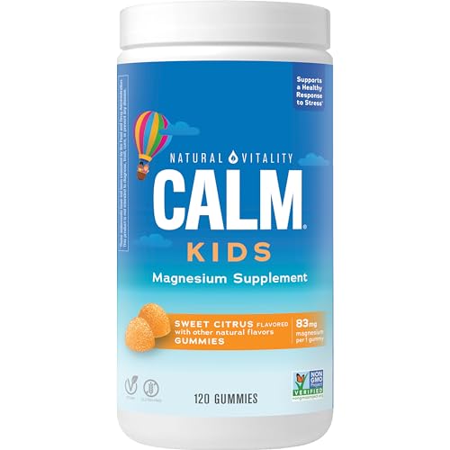 Natural Vitality Calm, Magnesium Citrate Kids Supplement, Stress Relief Gummies, Supports a Healthy Response to Stress, Gluten Free, Vegan, Sweet Citrus, 120 Gummies