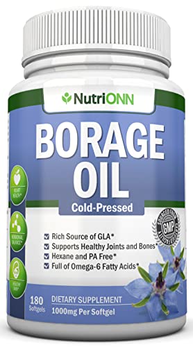 NutriONN Borage Oil - 1000 mg - 180 Softgels - Cold Pressed High GLA Borage Seed Oil - Hexane and PA Free - Great for Skin, Hair, Joints and Bones.