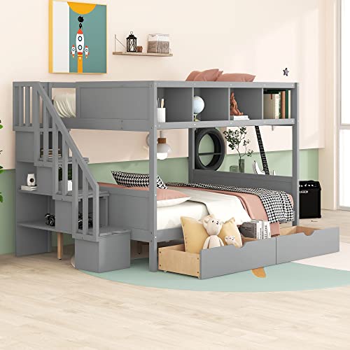 BIADNBZ Stairway Twin Over Full Bunk Bed with Stairs Storage and Guard Rail, Solid Wood Convertible Bunkbed Separated Into 2 Bedframe for Kids Teens Adults Bedroom, Gray