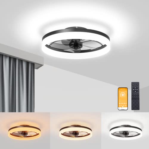 VOLISUN Low Profile Ceiling Fans with Lights and Remote, Fandelier Ceiling Fan Flush Mount 19.7inch, 3000K-6500K Smart Bladeless LED Fan Light, Black Modern Ceiling Fans with Lights for Bedroom