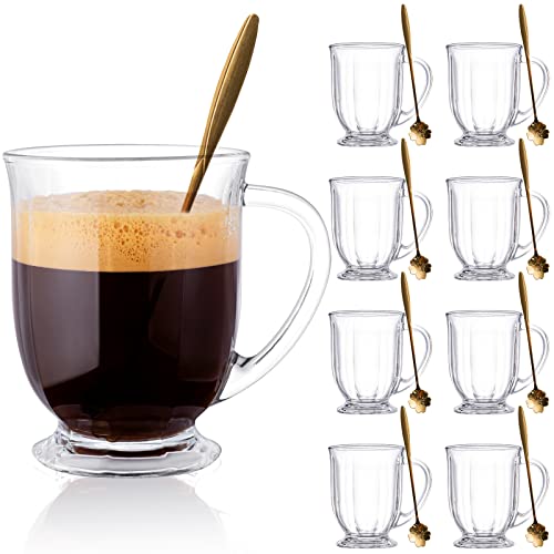 Claplante Glass Coffee Mugs Set of 8, 15 oz Large Capacity Glass Coffee Mugs with Handles, Clear Coffee Mug with 8 Spoon, Large Glass Mugs, Glass Coffee Cups for Latte, Espresso Coffee, Juice, Tea