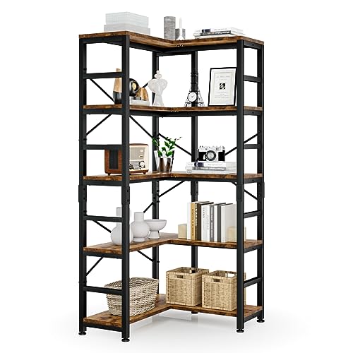 NUMENN 5 Tier Corner Bookshelf, Modern Corner Bookcase, Large Open Shelf Bookcase, Tall Bookshelves Storage Display Rack for Bedroom, Living Room and Home Office, Vintage