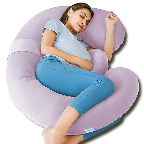 QUEEN ROSE Cooling Pregnancy Pillows,E Shaped Full Body Pillow for Sleeping, with Pregnancy Wedge Pillow for Belly Support, 60 Inch Maternity Pillow for Side Sleeper, Rayon Cover from Bamboo, Purple