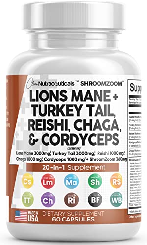 Lions Mane 3000mg 20in1 Mushroom Supplement with Turkey Tail 2000mg Reishi 1000mg Cordyceps Chaga 1000mg Maitake Meshima Poria Cocos Shiitake Oyster Porcini Enoki 60 Count Made In USA