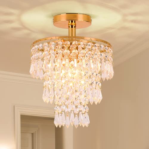 FRIXCHUR Mini Size Crystal Chandelier Modern Flush Mount Ceiling Light 3 Tiers Raindrops Crystal Pendant Lighting Fixture Decoration for Bedroom Hallway Living Room,E26 Base,Gold