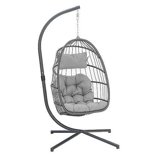 Egg Swing Chair with Stand, Rattan Wicker Hanging Egg Chair for Indoor Outdoor Bedroom Patio Hanging Basket Chair Hammock Egg Chair with Aluminum Steel Frame and UV Resistant Cushion 350lbs Capacity